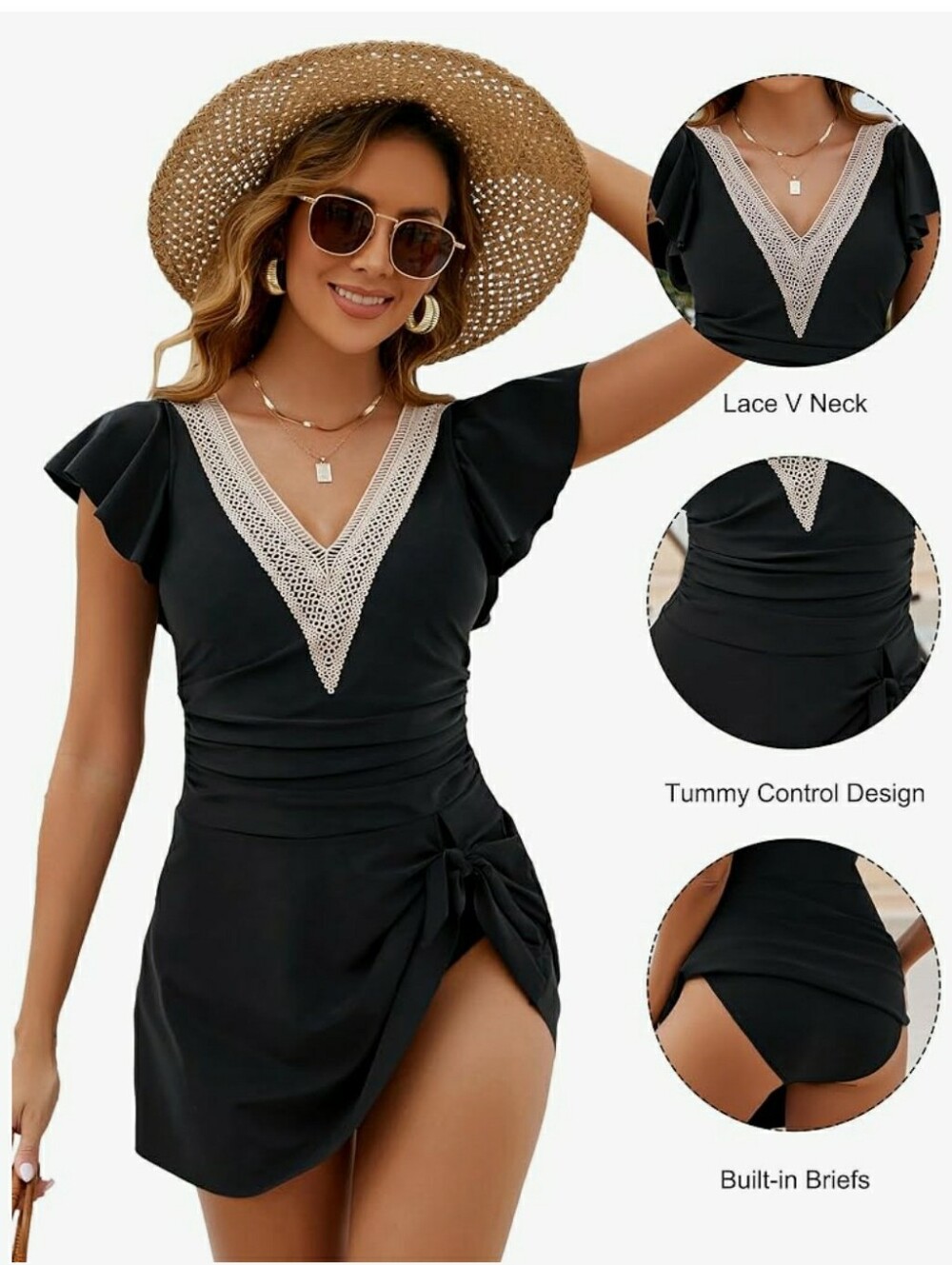 Blooming Jelly Women's Tummy Control One Piece Swim Dress With Ruffle/Lace    XL